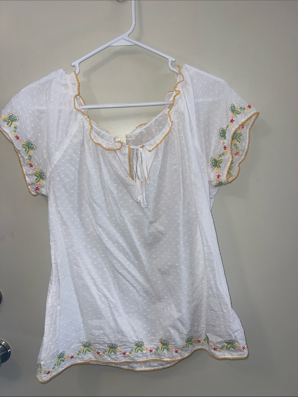 White Embroidered Swiss Dot Peasant Blouse